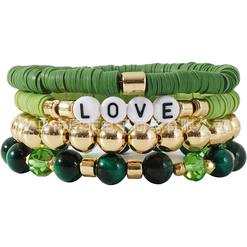 Wholesale St. Patrick's Day Green Stackable Clay Soft Pottery Beaded Stretch Bracelet