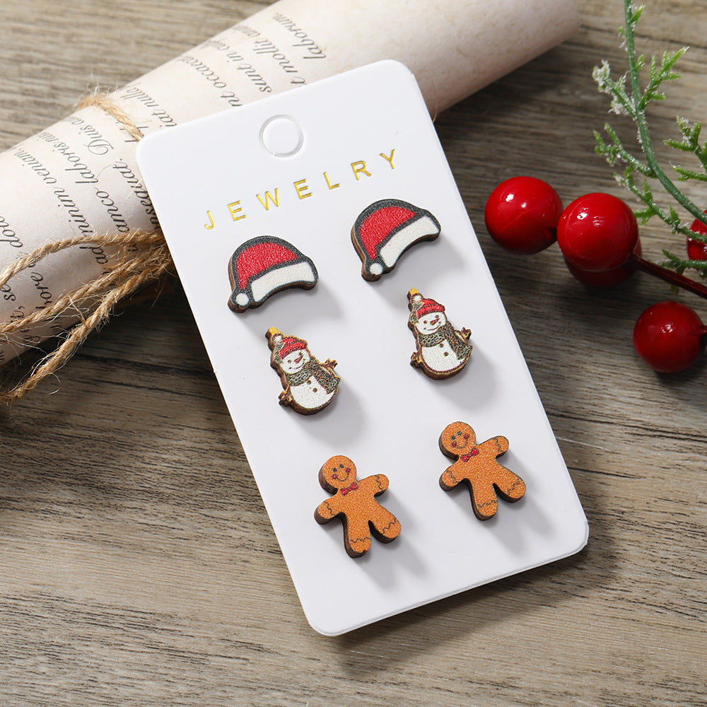 Wholesale Christmas Cartoon Gingerbread Man Christmas Hat Snowman Wood Earrings Set ACC-ES-MT002