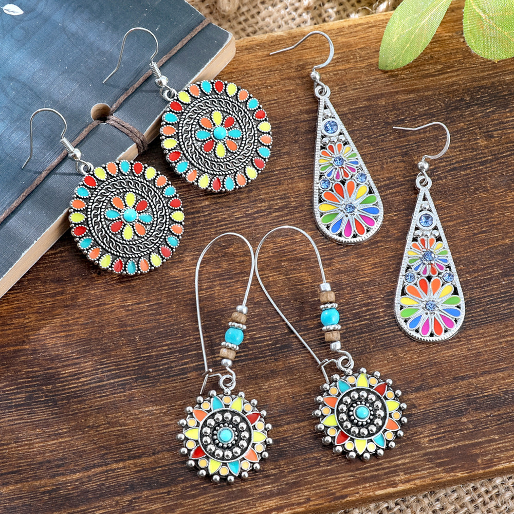 Wholesale Alloy Retro Ethnic Turquoise Bohemian Geometric Oil Drip Earrings Jewelry Accessory