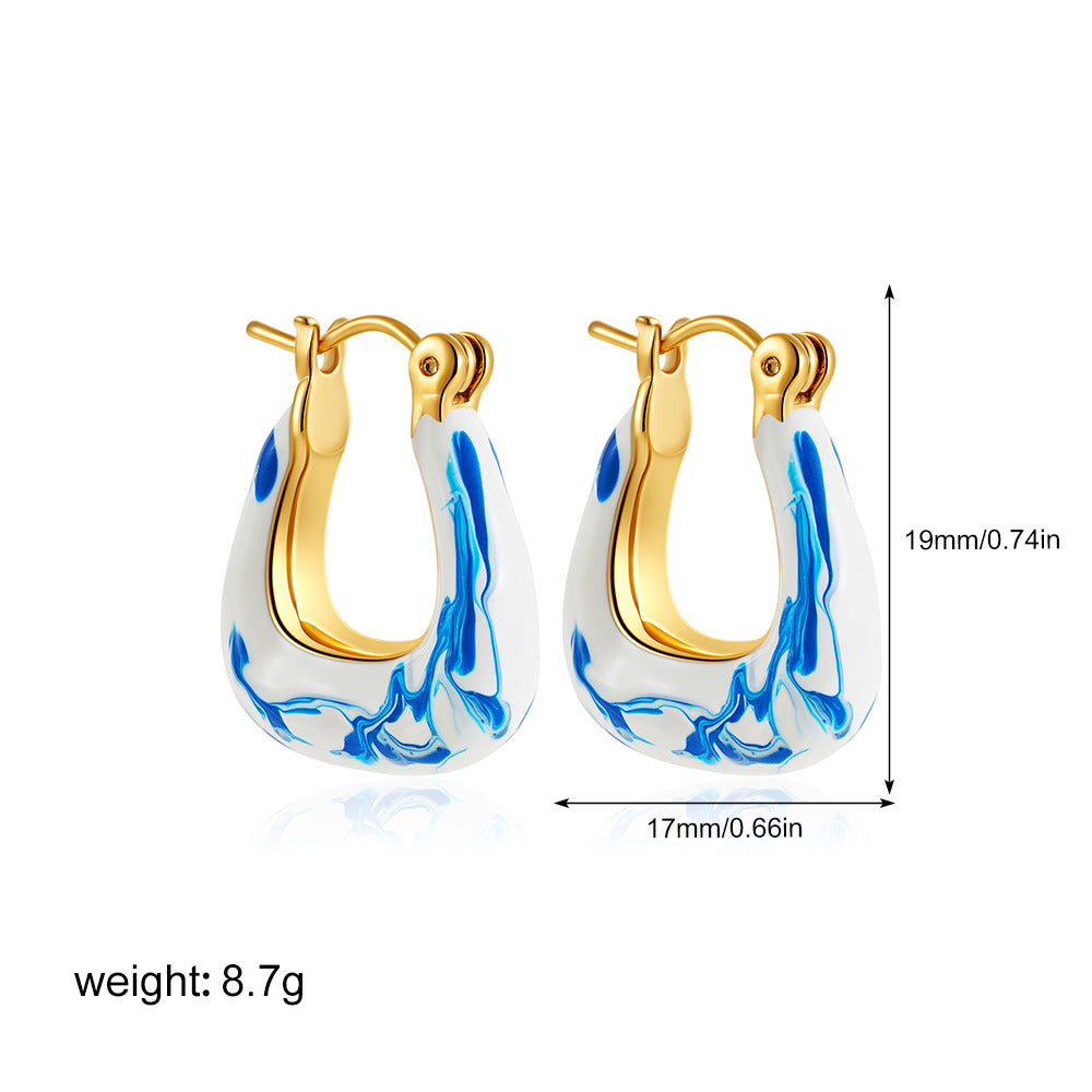 Wholesale Blue and White Porcelain Stainless Steel Colored Enamel Oil Earrings