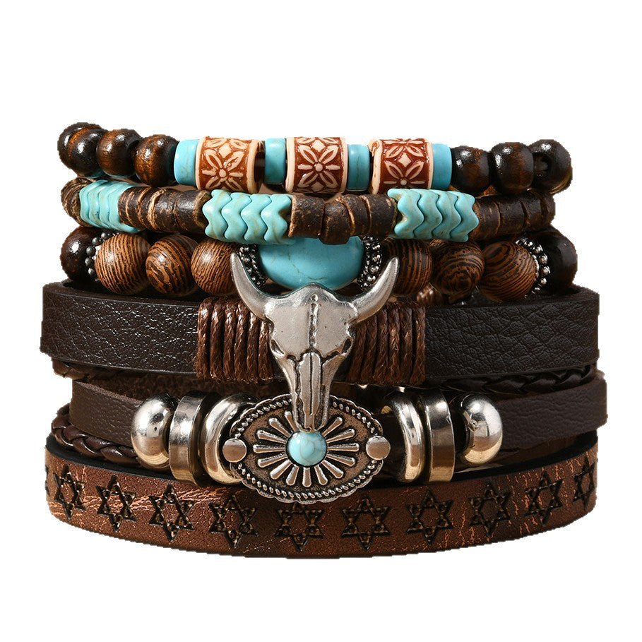 Wholesale Retro Handmade Leather Bracelet Set - 6 Piece Bohemian Fashion Accessory for Everyday Wear
