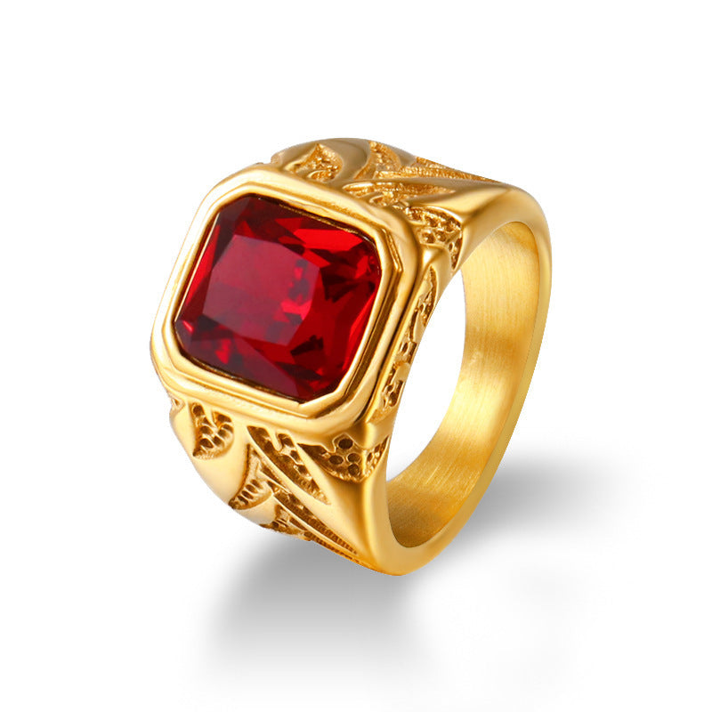 Wholesale Chic Red Rhinestone Gold Ring Men' s Minimalist Fashion Accessory Gift Idea