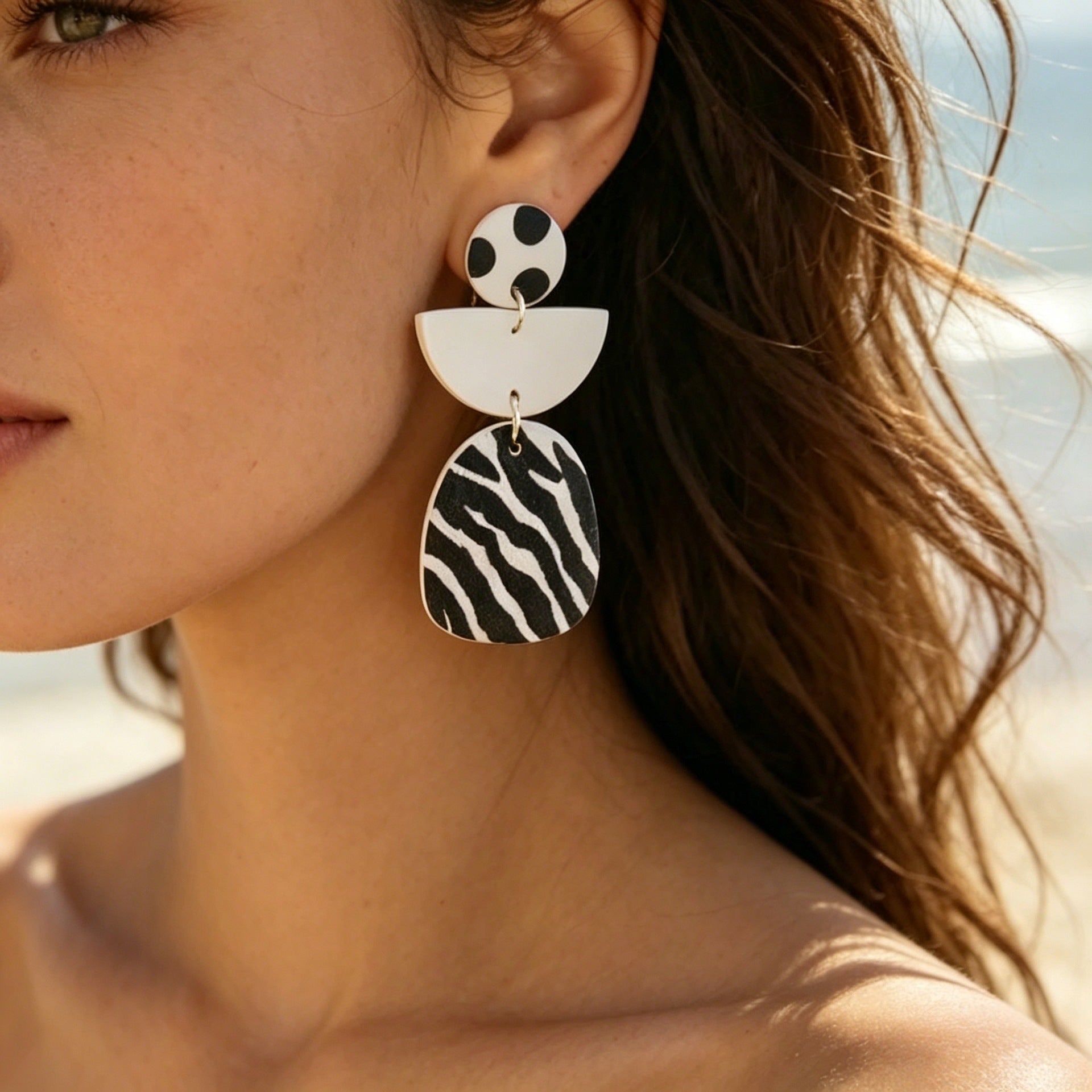Wholesale Geometric Leather Earrings with Black White Polka Dot Zebra Pattern for Party Fashion Accessory