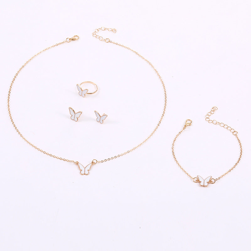 Wholesale Chic White Butterfly Jewelry Set Alloy Necklace Ring Earrings Everyday Wear Accessory For Women