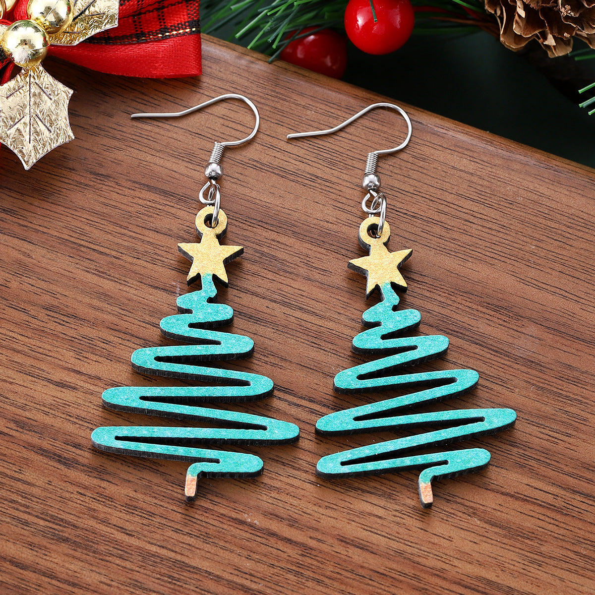 Wholesale Christmas star Christmas tree pendant earrings wooden double-sided creative  earrings