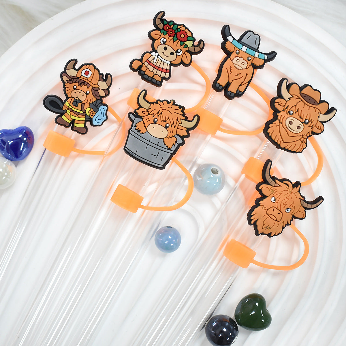 Wholesale Random 100pcs Cartoon West Highland Cattle 10mm Straw Tube Cap ACC-SCR-RYY064