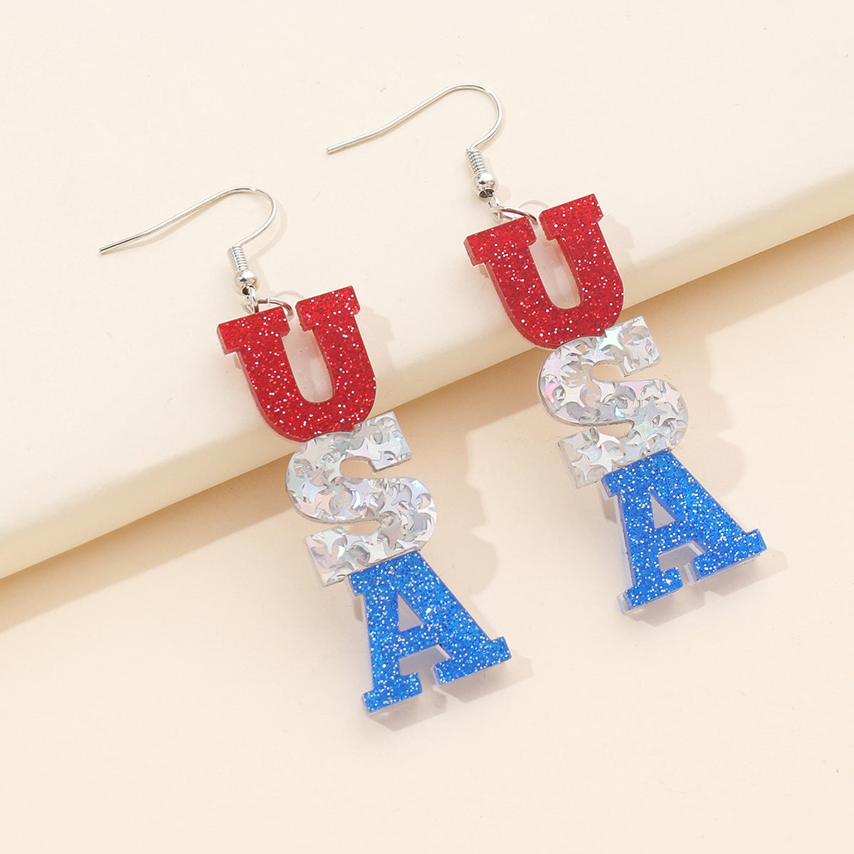Wholesale American Independence Day Festival Glitter Pink Red White Blue Three Color Earrings