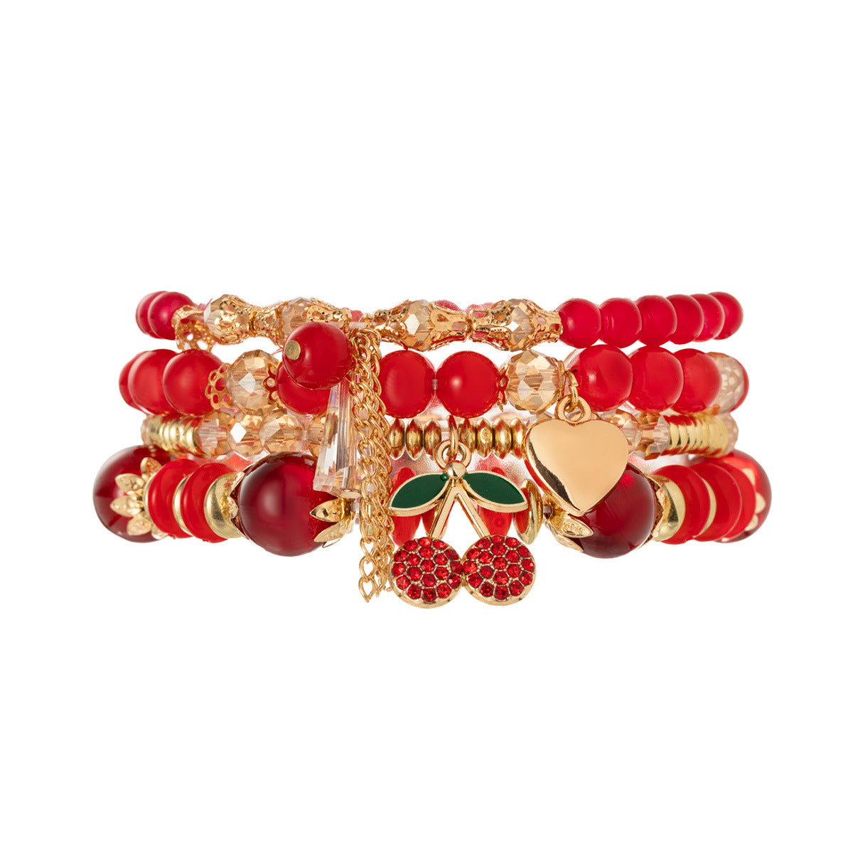 Wholesale cherry heart pendant red transparent beaded elastic women' s bracelet
