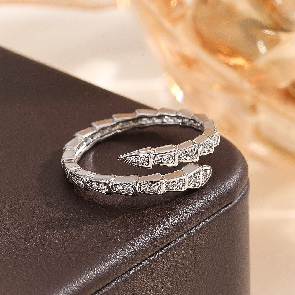 Wholesale Snake Design Zircon Ring Adjustable Open Style Silver Tone Fashion Jewelry Accessory Everyday Wear Gift