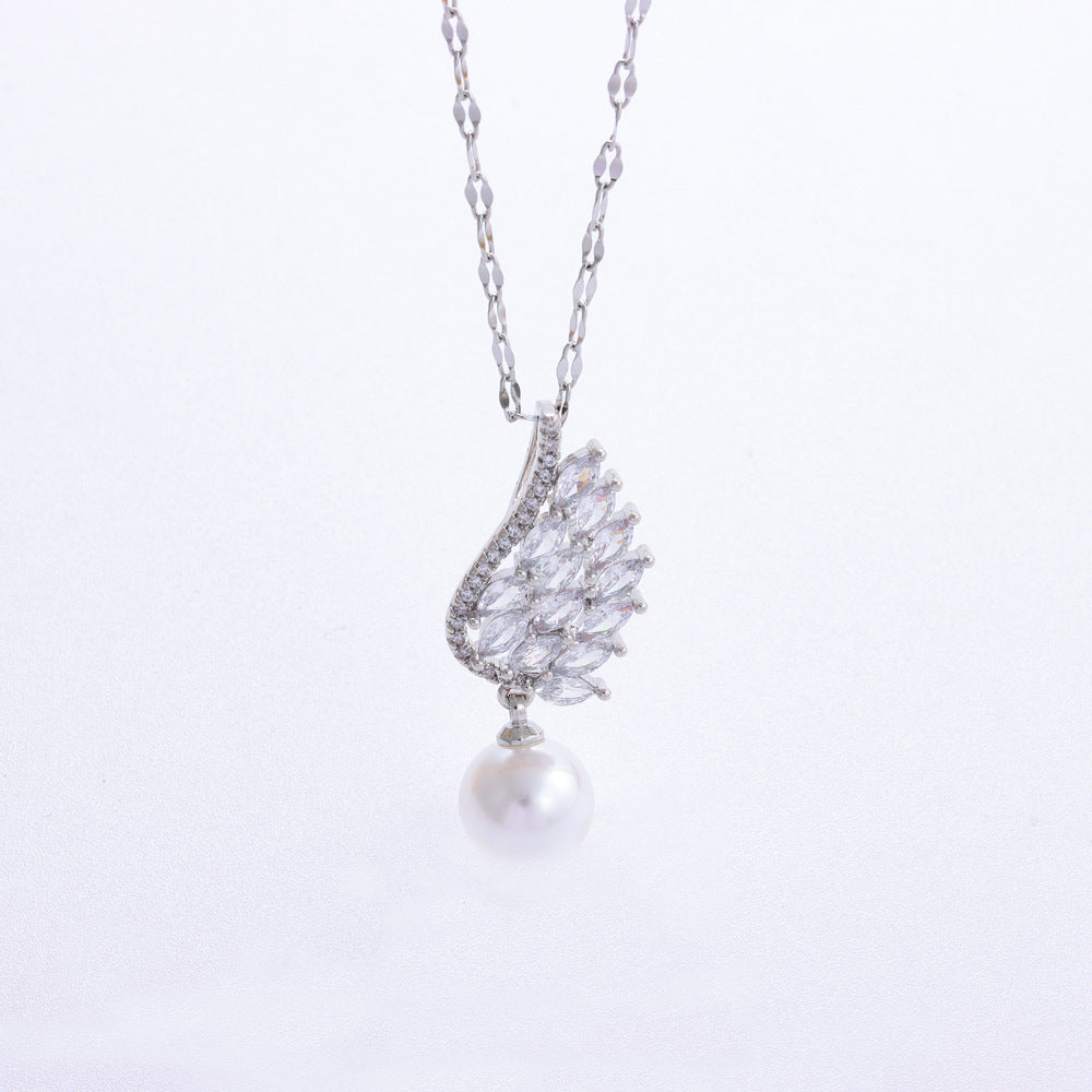 Wholesale Titanium Steel Full Zirconium Feather Pearl Pendant Necklace Earrings