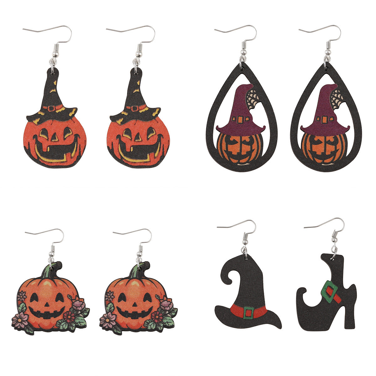 Wholesale   Halloween Ghost Face Pumpkin Witch Hat Witch Boots Pendant Wood Earrings