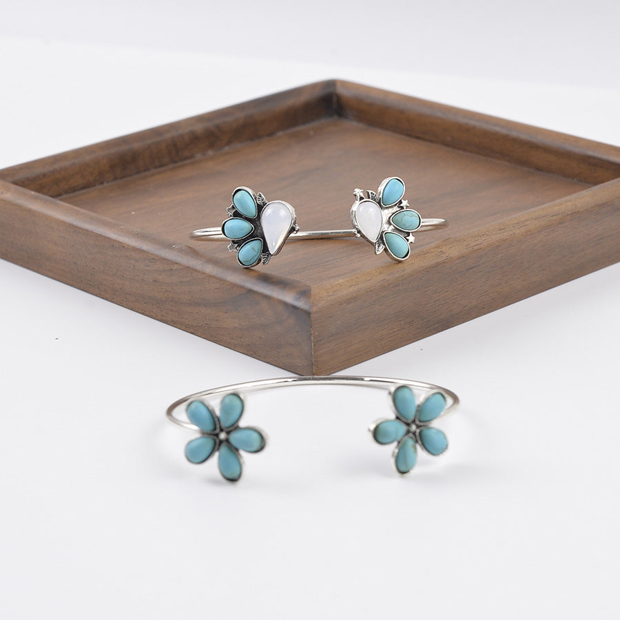 Wholesale Bohemian Open Bracelet Flower Inlaid Turquoise Boutique Resale Jewelry Accessory