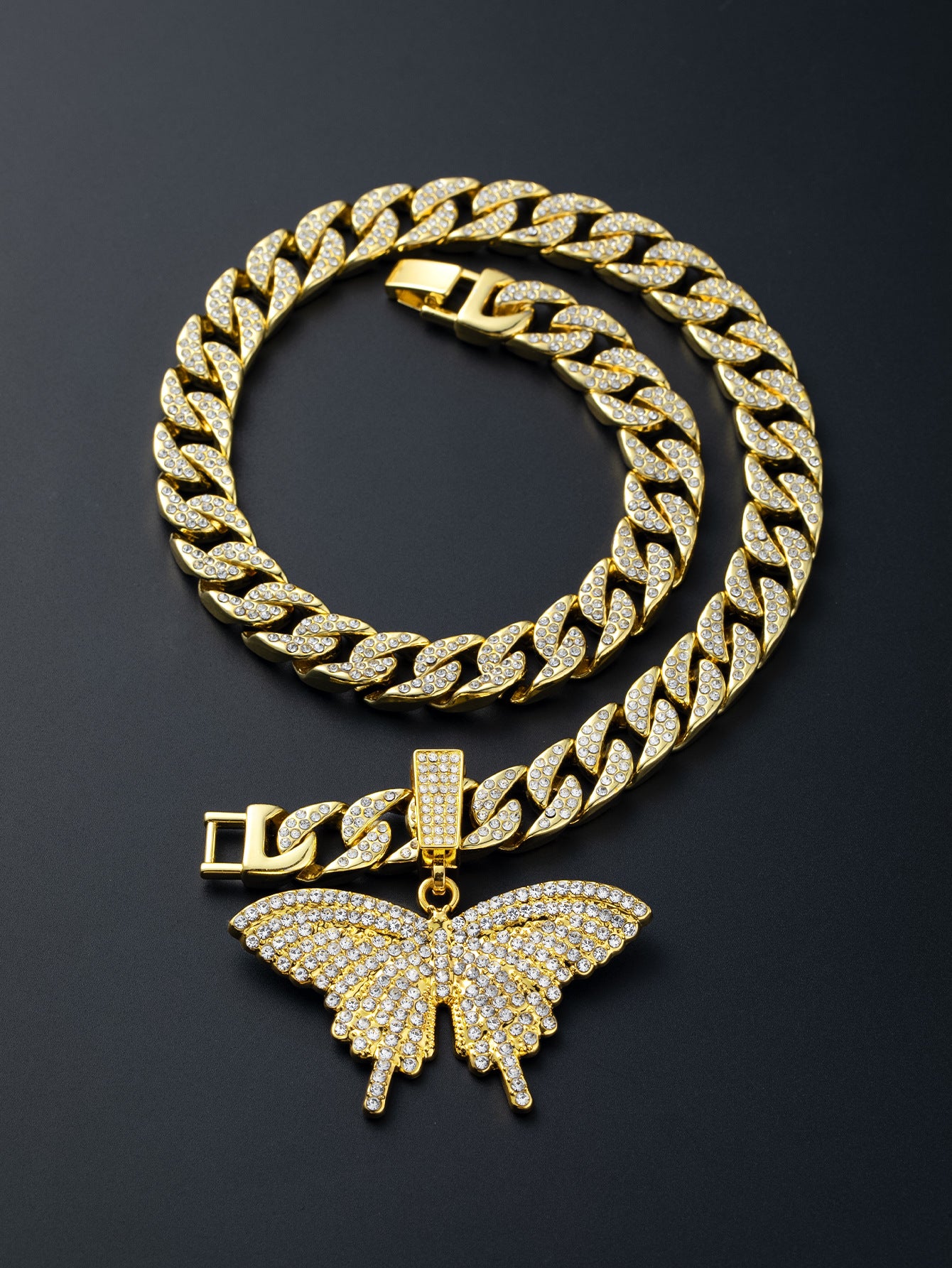Wholesale Diamond Finish Alloy Butterfly Cuban Necklace - Fashion Jewelry Accessory,  Gift or Resale Boutique
