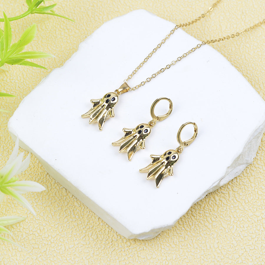 Wholesale  Ghost Pendant Earrings Necklace Set In Gold Zinc Alloy Party Fashion Accessory