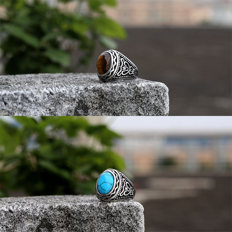 Wholesale Retro Titanium Steel Rings Vintage Inlaid Tiger Eye Stone Rings