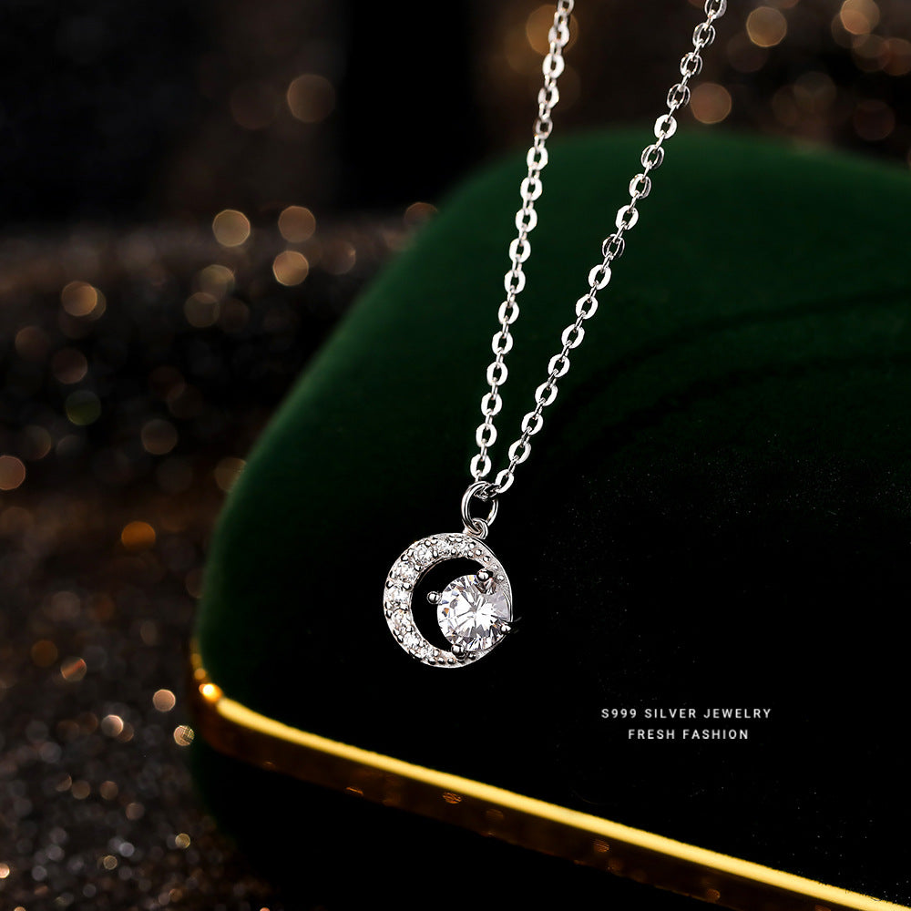 Wholesale s999 Silver Crescent Shiny Zircon Necklace