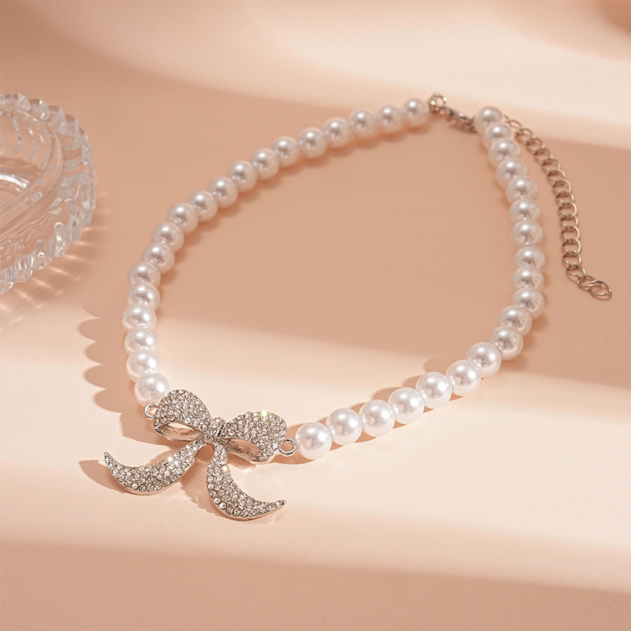 Wholesale Diamond and Pearl Bow Necklace