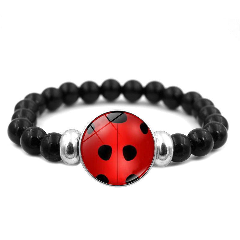 Wholesale Cartoon Ladybug Bear Paw Print Black Elastic Bead Bracelet Handmade Glass Jewelry Gift