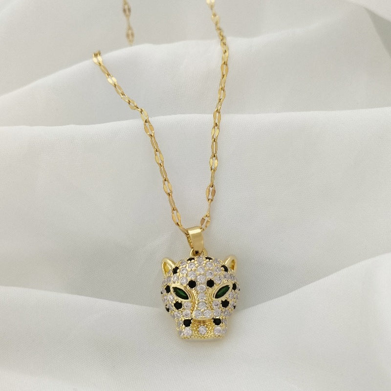 Wholesale  Leopard Head Micro-inlaid Copper Pendant Stainless Steel Necklace