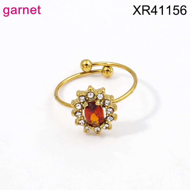 Wholesale Adjustable Flower Design Stainless Steel Open Ring with Colored Gemstones Fashion Jewelry Accessory