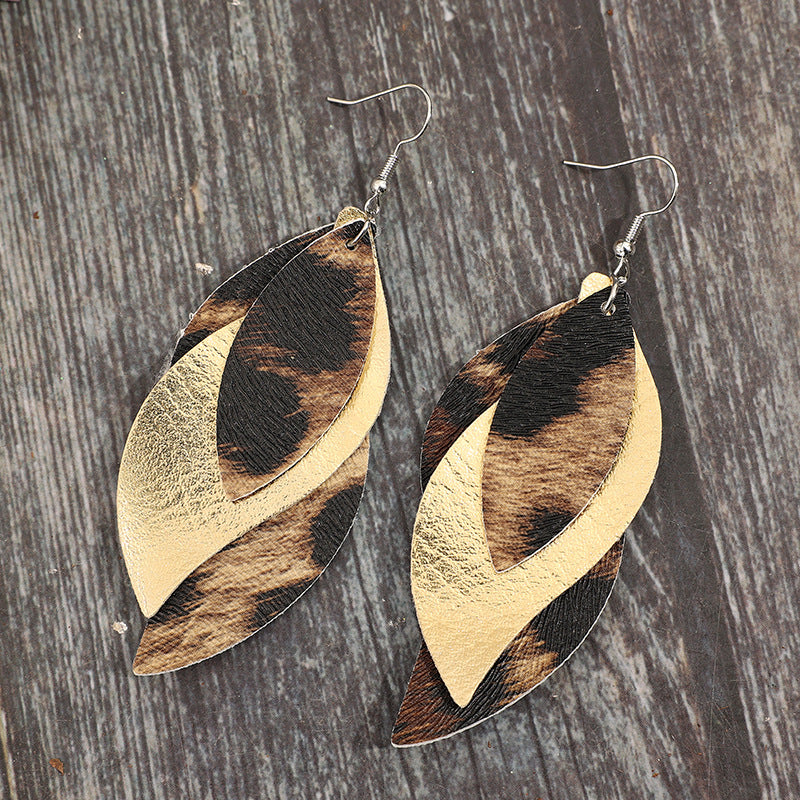 Wholesale Retro style three-layer PU leather leopard print earrings