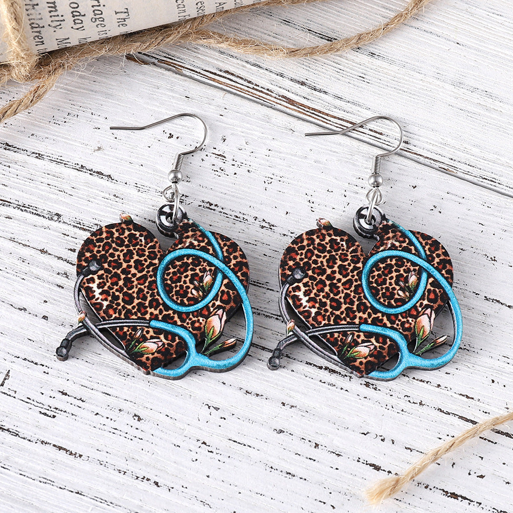 Wholesale Nurses'  Day Wooden Double-Sided Earrings  Western-Style Stethoscope &  Leopard-Print Heart Pendant Earrings