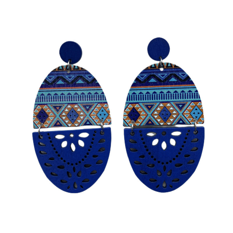 Wholesale Boho Style Cutout Printed Oval Wooden Earrings ACC-ES-FX005