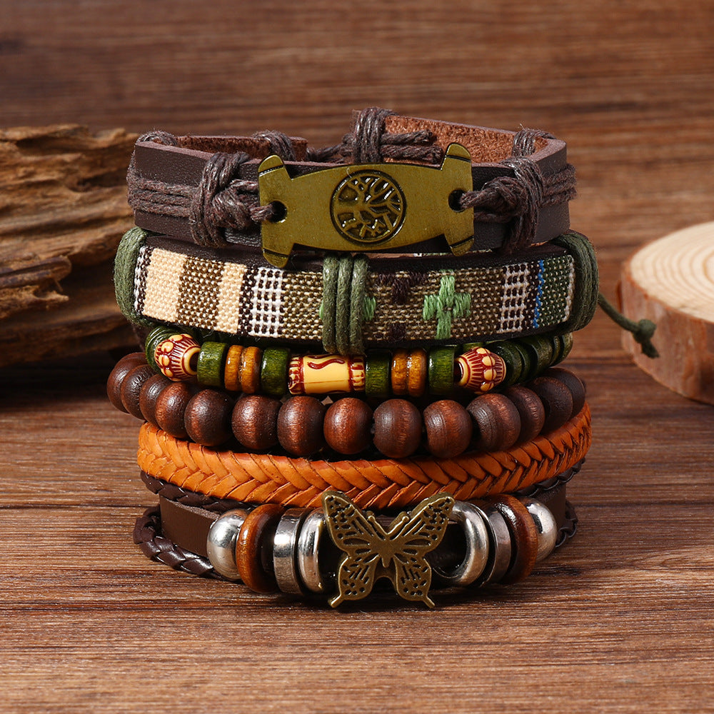 Wholesale Handmade Leather Wood Bead Bracelet 6 Pack Bohemian Peace Tree Butterfly Design Chic Unisex DIY Jewelry Gift
