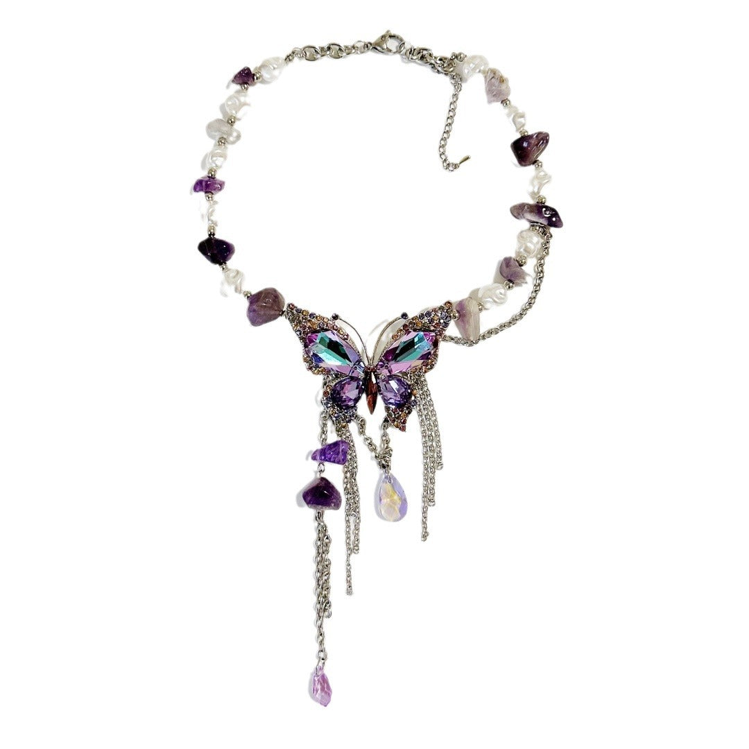 Wholesale Zircon Color Butterfly Irregular Pearl Purple Stone Beaded Necklace