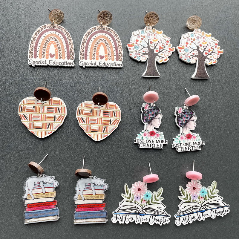 Wholesale Exaggerated European and American Characters Book Book Tree Education Rainbow School Back-to-School Season Girl Cat Teacher Earrings Studs