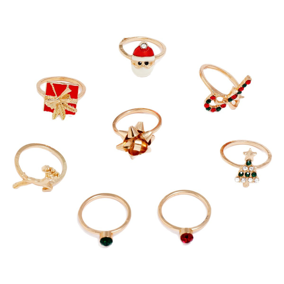 Wholesale  8-Piece Set Christmas Ring Dot Diamond Christmas Tree Scepter  Bow Elk Ring