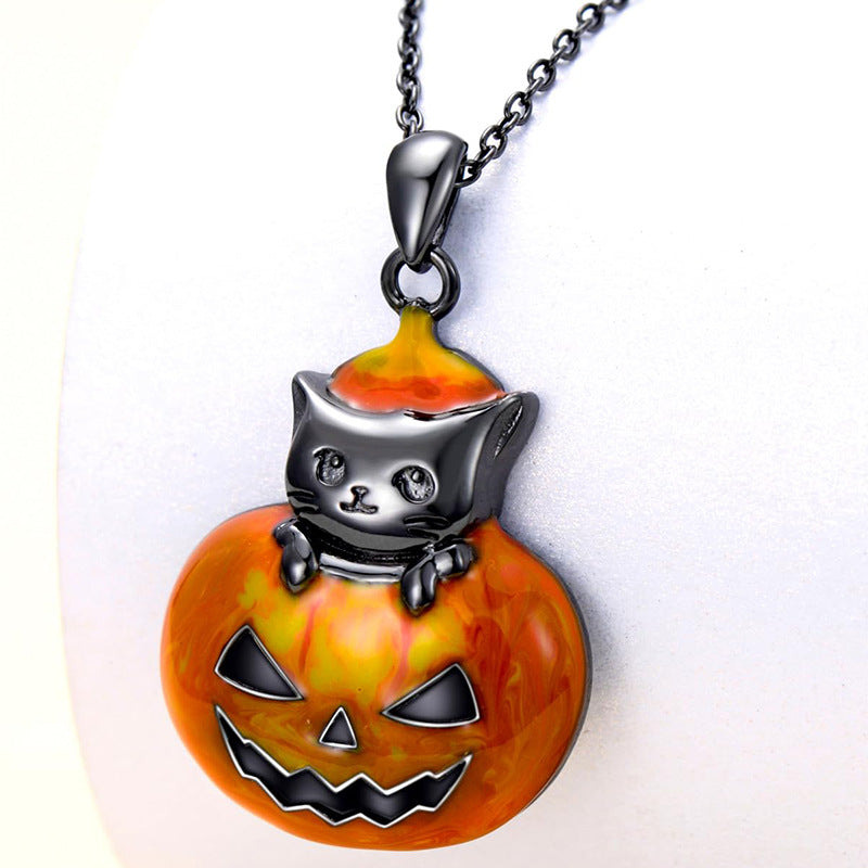 Wholesale  Halloween Pumpkin Cat Funny Pendant Gothic Bat Oil Pink Cat Clavicle Chain