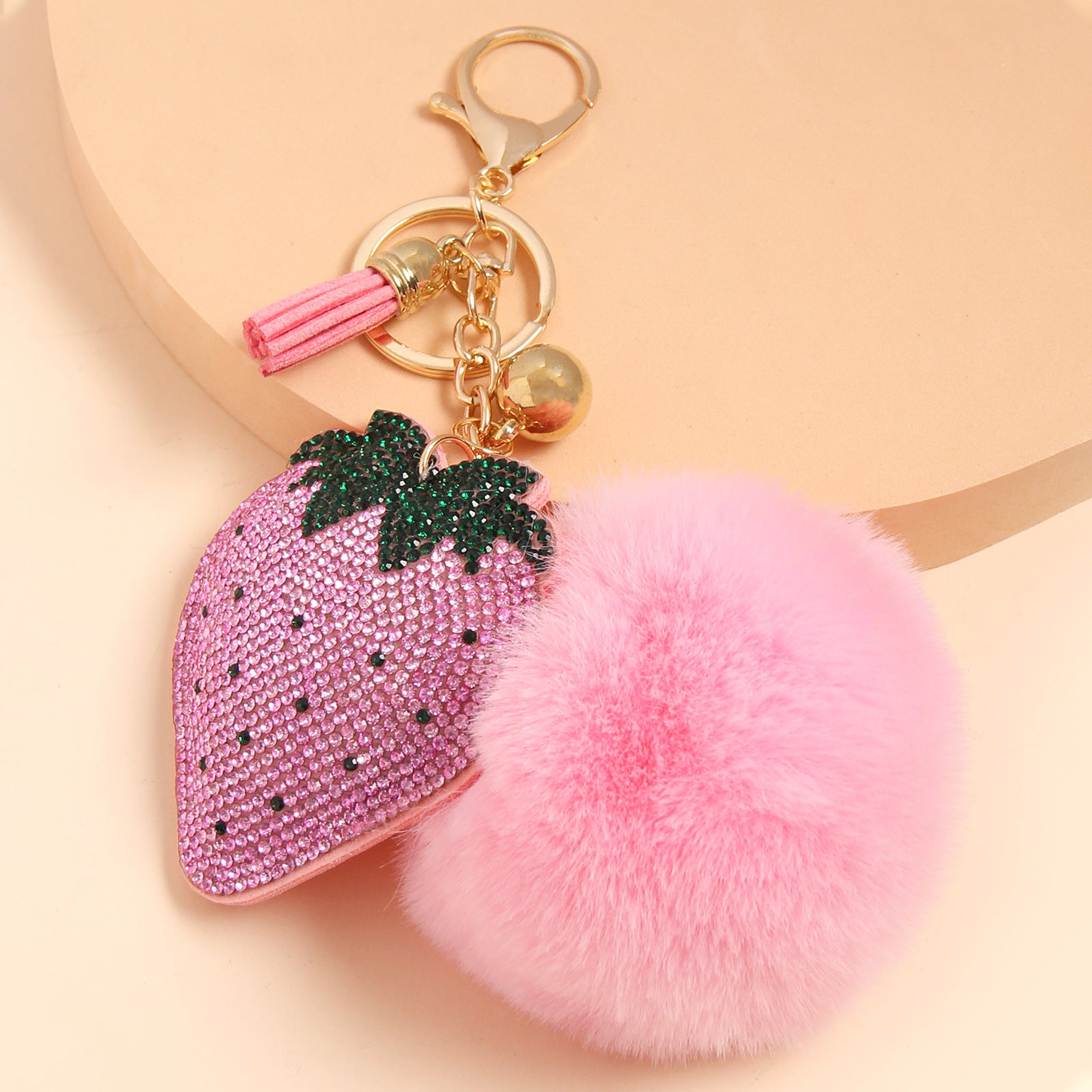 Wholesale Rhinestone Strawberry Heart-shaped Keychain Women' s Luggage Fur Ball Tassel Pendant Fashion South Korea Rhinestone Hanging Small Gift
