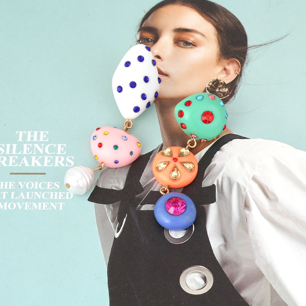 Wholesale  Asymmetric Long Candy Color Drop-shaped Resin Diamond Earrings