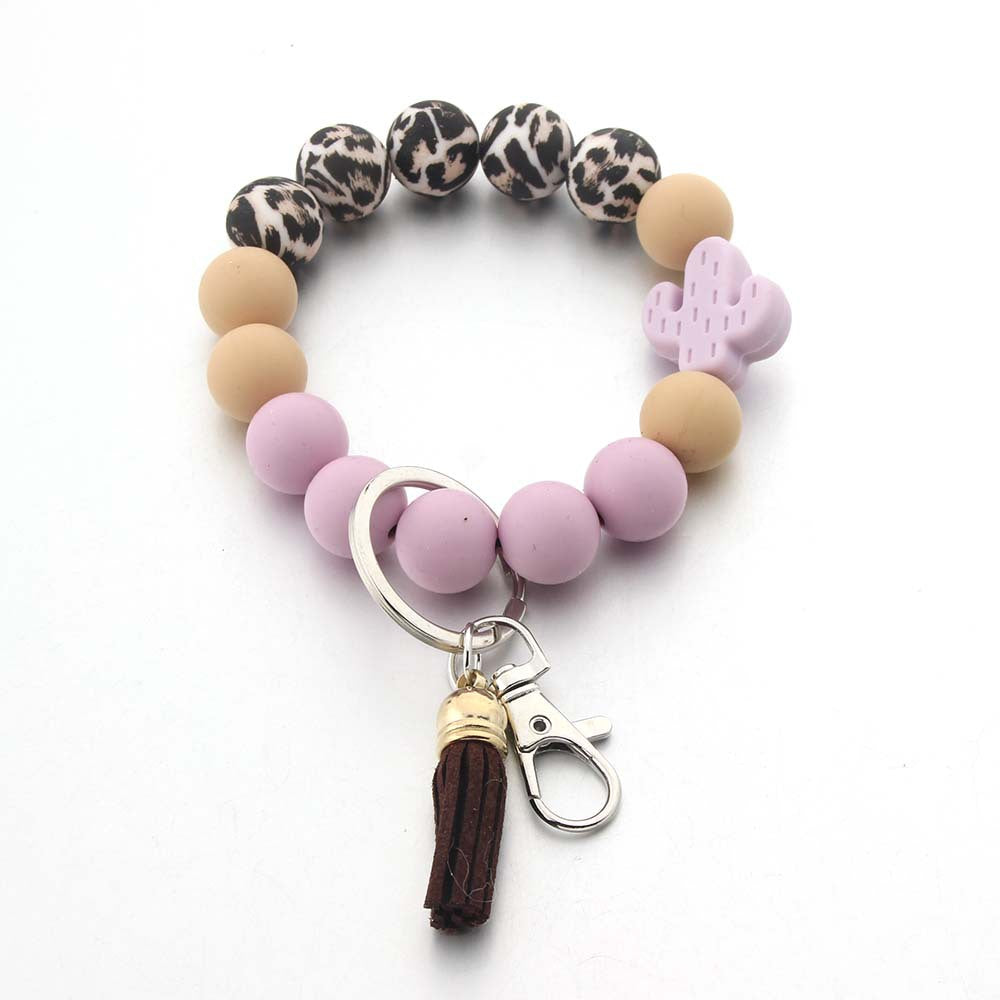 Wholesale Cactus Leopard Print Silicone Beaded Wristlet Keychain ACC-KC-JinAn012