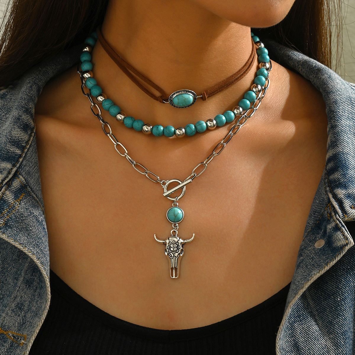 Wholesale Electroplated Alloy Cowboy Necklace Set Vintage Bull Head Turquoise Jewelry Accessory