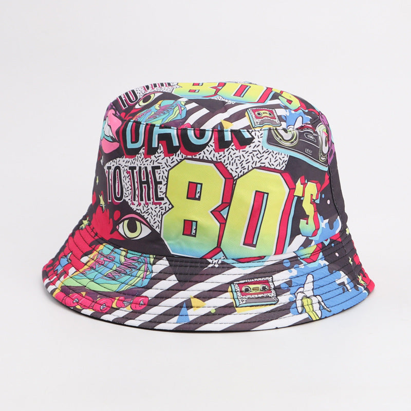 Wholesale  retro printed 80s 90s fisherman hat  double-sided basin hat outdoor bucket hat