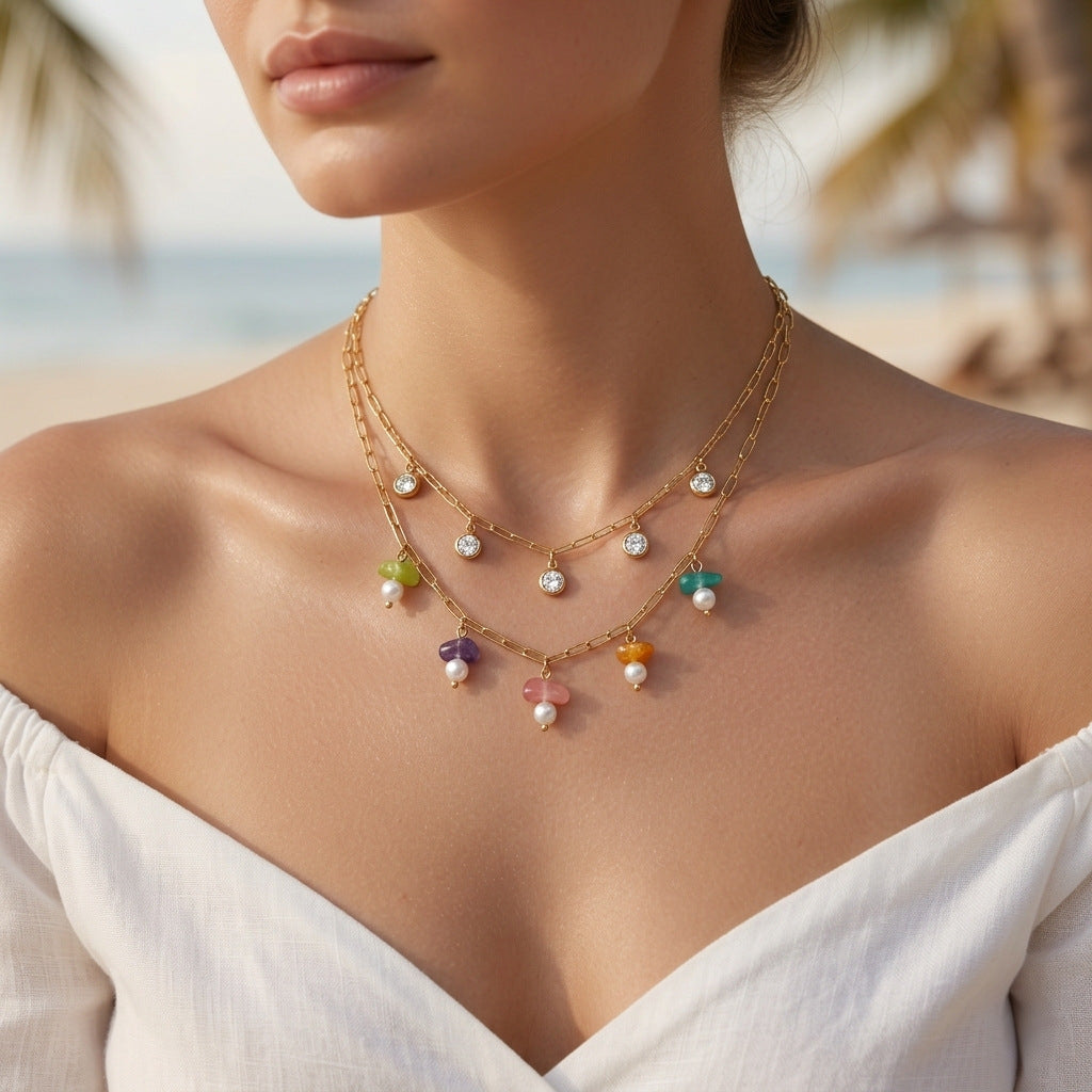 Wholesale Titanium Steel Pearl Multi Pendant Necklace Fashion Jewelry Accessory Women Gift