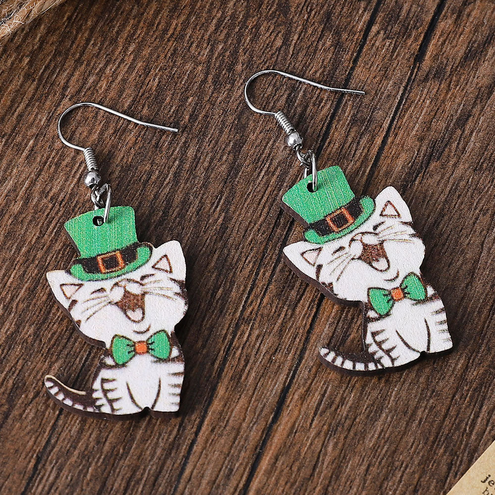 Wholesale  St. Patrick's Day  green hat cat double-sided wooden earrings