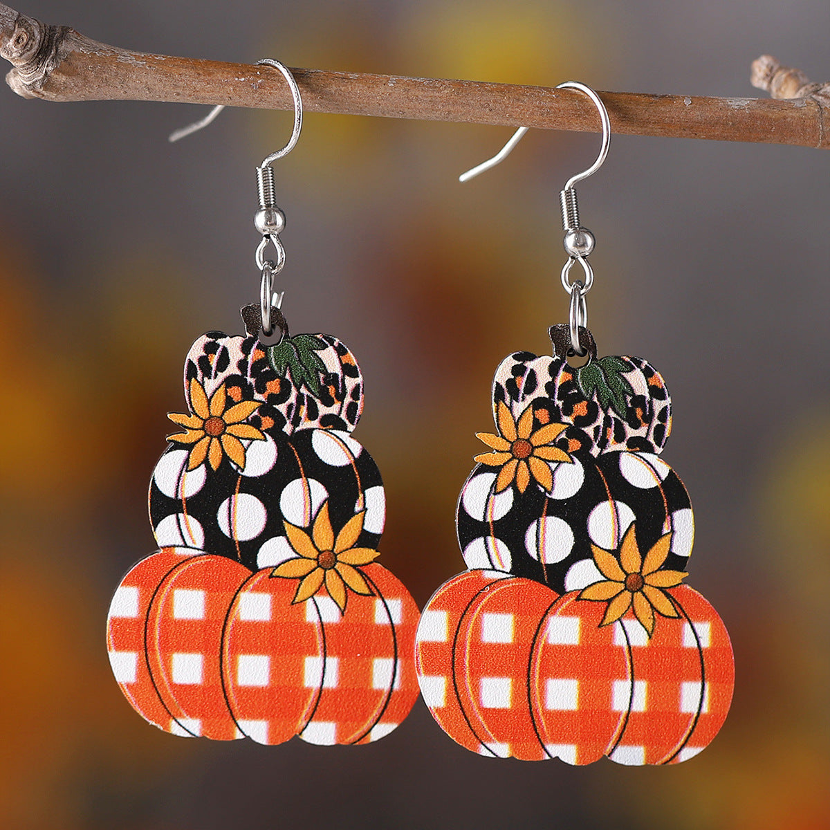 Wholesale Thanksgiving Autumn Harvest Wave Plaid Pumpkin Flower Pendant Earrings