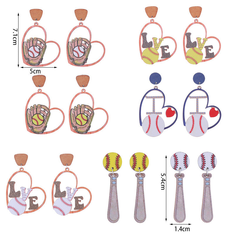 Wholesale Sports Style Baseball Heart Wooden Earrings