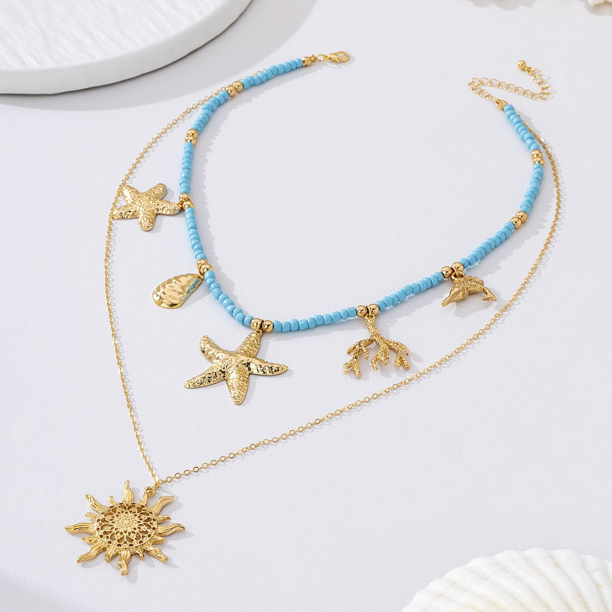 Wholesale Zinc Alloy Double Layer Ocean Necklace Blue Bead Sea Star Sun Pendant Trendy Summer Beach Jewelry For Women