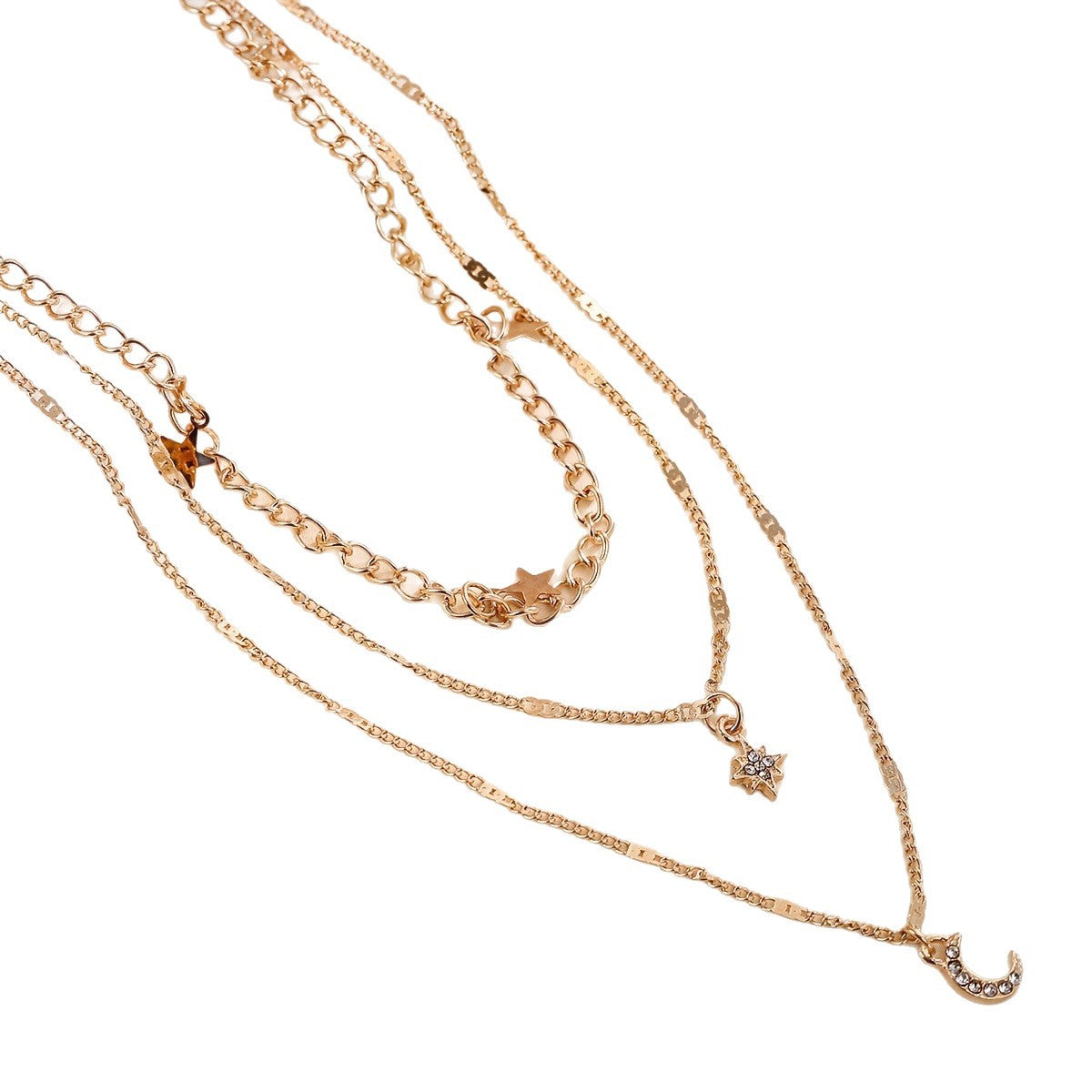 Wholesale Trendy Rhinestone Star Moon Pendant Layered Necklace For Women Gold Electroplated Zinc Alloy Fashion Accessory Boutique Resale