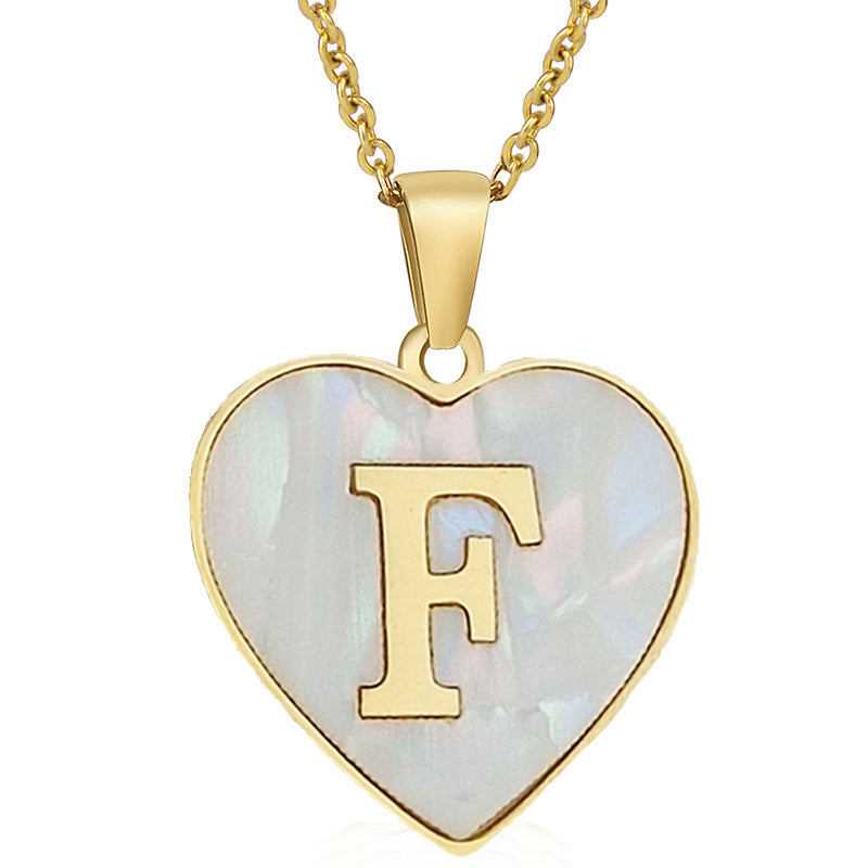 Wholesale 26 English Letters Heart Inlaid Shell Titanium Steel Necklace ACC-NE-DingChao002