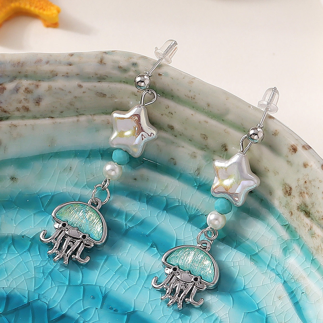 Wholesale Ocean Series Aquamarine Cute Fantasy Jellyfish Alloy Pendant Earrings