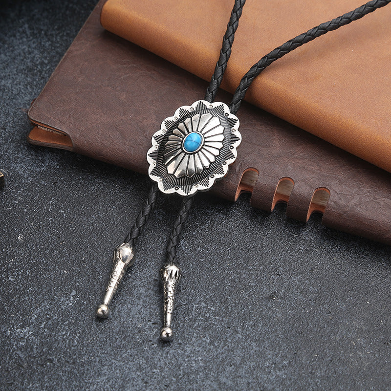 Wholesale Vintage Western Turquoise Lace Bolo Tie Necklace Unisex Alloy Leather Pendant Jewelry Accessory