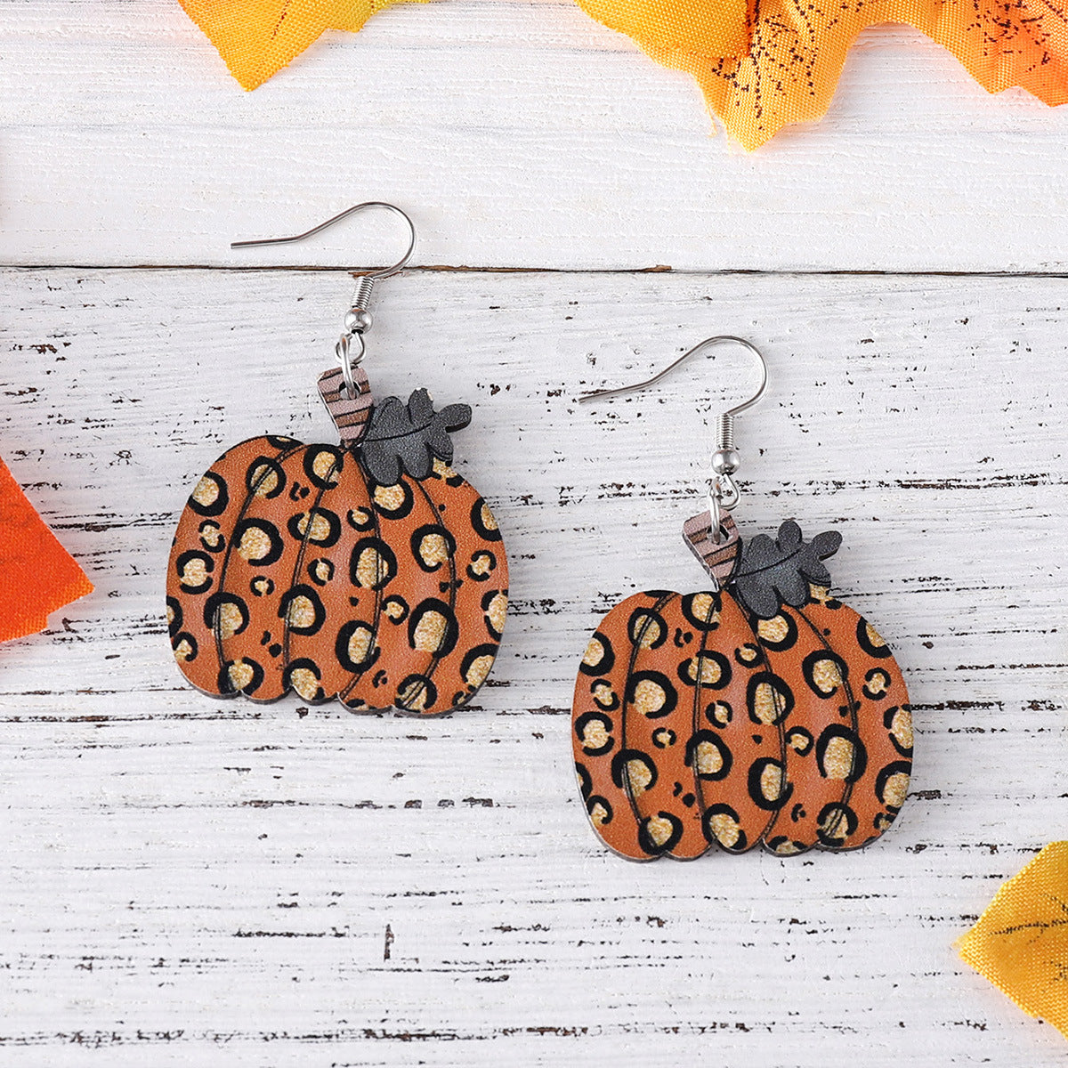 Wholesale Thanksgiving Day Leopard Print Pumpkin Pendant Wood Earrings ACC-ES-ChuLian030
