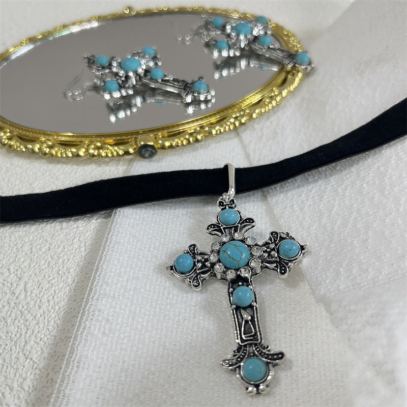 Wholesale New vintage-style,  distinctive cross earrings and necklace set,  featuring creatively distressed,  turquoise-inlaid pendants