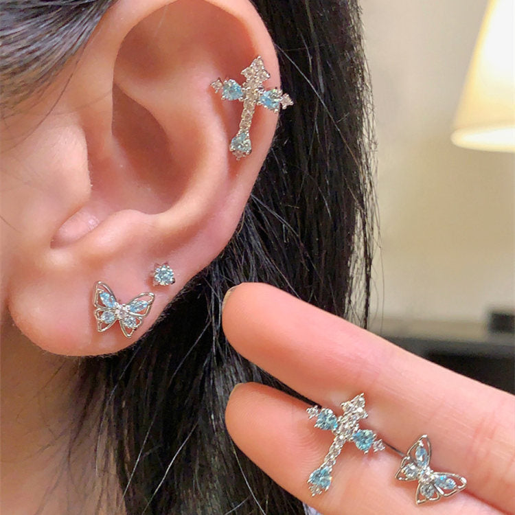 Wholesale Blue Butterfly Cross Zircon Titanium Steel Earrings