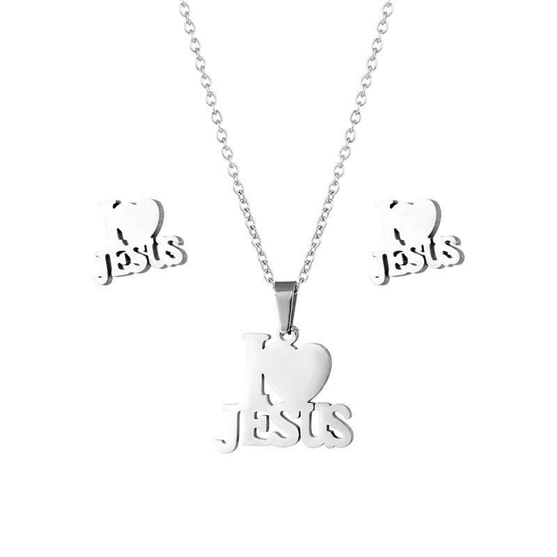 Wholesale 304 Stainless Steel I LOVE JESUS Necklace and Earrings Set ACC-ES-MinM005